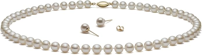 (Set) HinsonGayle AAA GEM White Round Freshwater Cultured Pearls & Stud Earrings 14k GOLD 18 inch