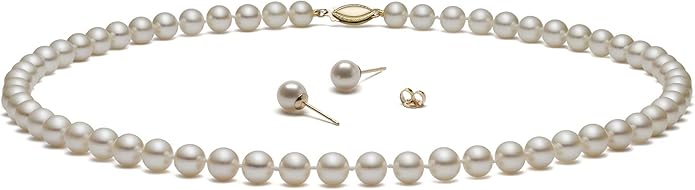 (Set) HinsonGayle AAA GEM White Round Freshwater Cultured Pearls & Stud Earrings 14k GOLD 18 inch