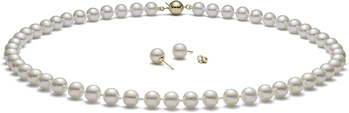 (Set) HinsonGayle AAA GEM White Round Freshwater Cultured Pearls & Stud Earrings 14k GOLD 18 inch