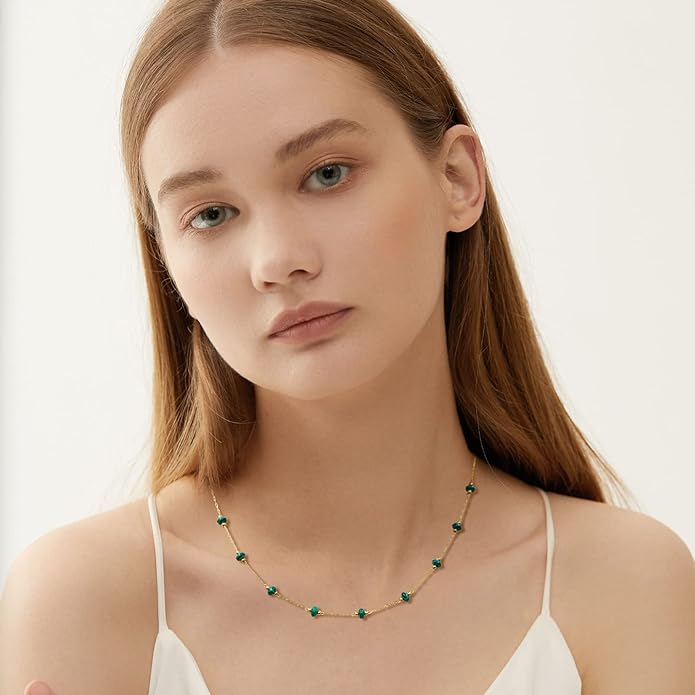 YADUDA Natural Stone Choker Necklace for Women 18K Gold Plated Beaded Necklace Turquoise Malachite Carnelian Aventurine Purple Crystal Stone Tiny Birthstone Choker