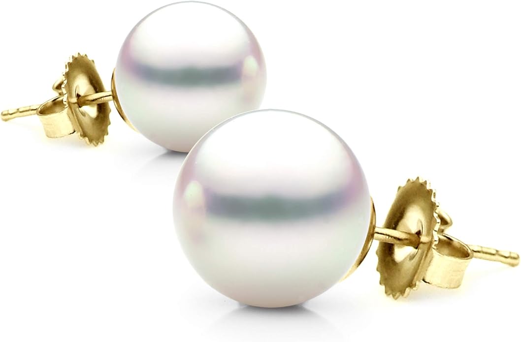 14K Gold 8.5-9mm White Freshwater Cultured Pearl Stud Earrings, AAAA Quality