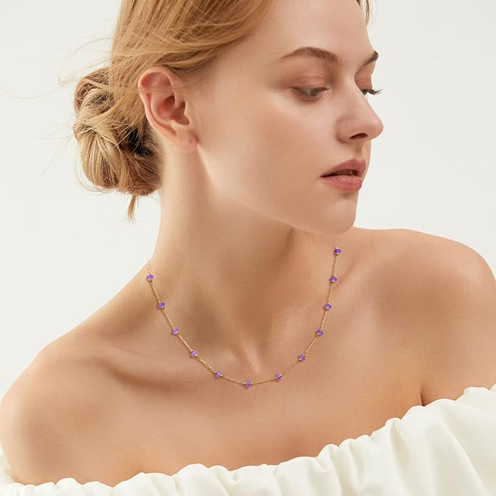 YADUDA Natural Stone Choker Necklace for Women 18K Gold Plated Beaded Necklace Turquoise Malachite Carnelian Aventurine Purple Crystal Stone Tiny Birthstone Choker