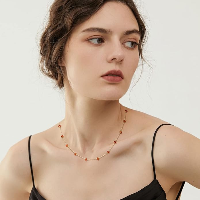 YADUDA Natural Stone Choker Necklace for Women 18K Gold Plated Beaded Necklace Turquoise Malachite Carnelian Aventurine Purple Crystal Stone Tiny Birthstone Choker