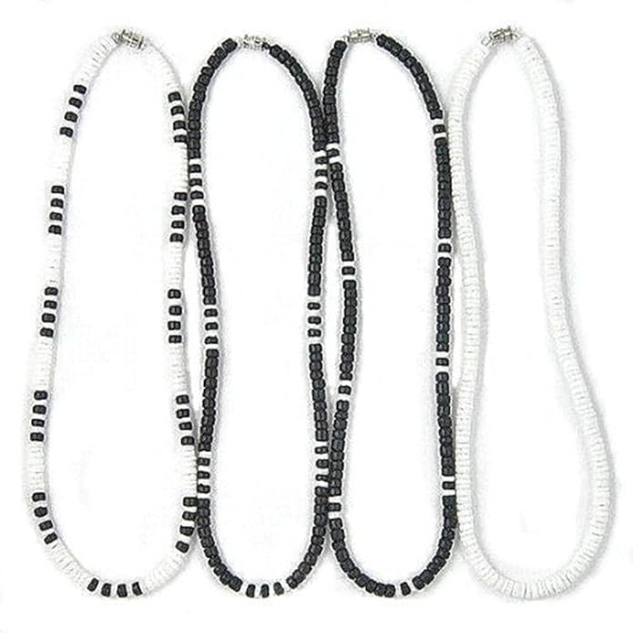 (4 Pack) Mens and Womens Summer Beach Surfer Necklaces From the Philippines, Black Coconut Beads with White Clam Heishe Ark Shells