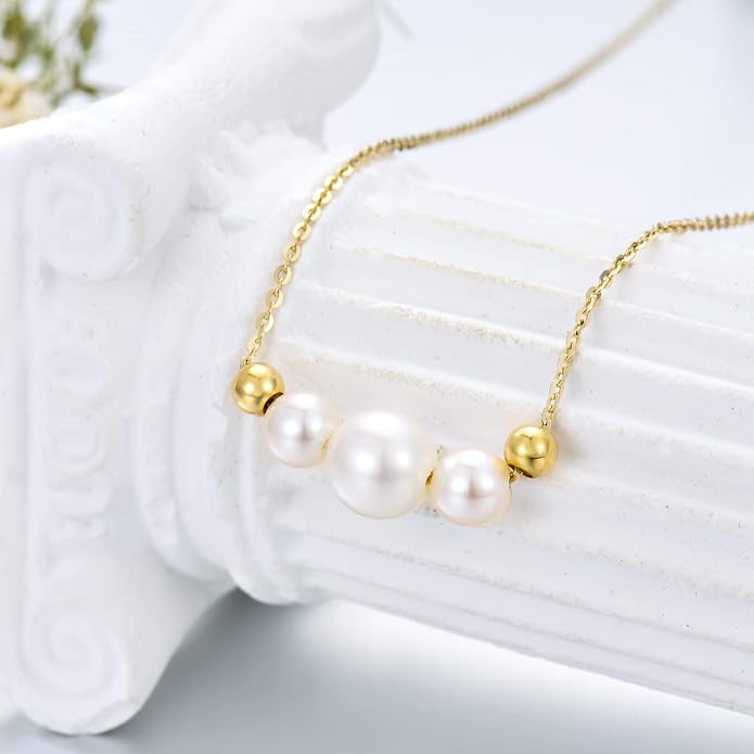 10K Solid Gold Chain Pearl Necklace for Women, Real Gold Freshwater Cultured Pearl Bead Ball Pendant Anniversary Jewelry Gifts for Her, Wife, Mom, Girlfriend,16"-18"