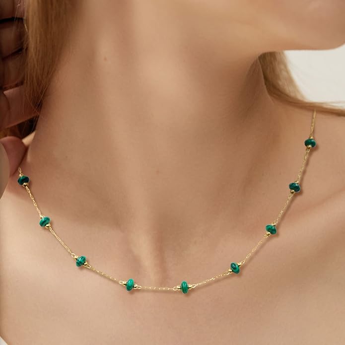 YADUDA Natural Stone Choker Necklace for Women 18K Gold Plated Beaded Necklace Turquoise Malachite Carnelian Aventurine Purple Crystal Stone Tiny Birthstone Choker