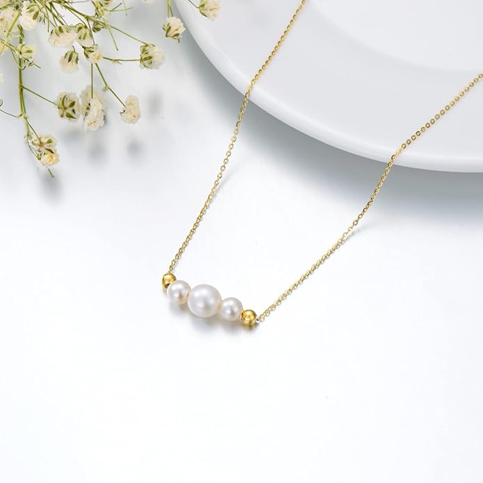 10K Solid Gold Chain Pearl Necklace for Women, Real Gold Freshwater Cultured Pearl Bead Ball Pendant Anniversary Jewelry Gifts for Her, Wife, Mom, Girlfriend,16"-18"