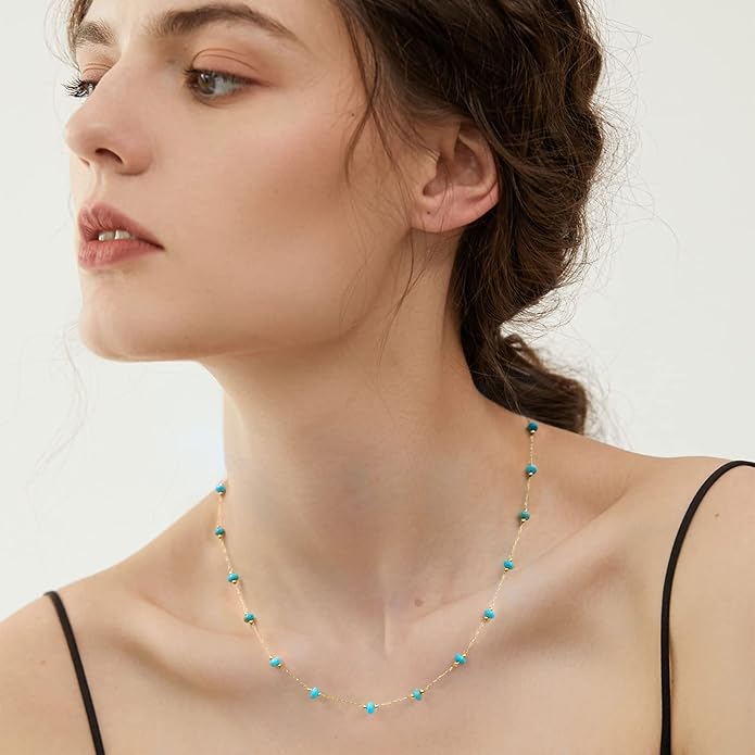 YADUDA Natural Stone Choker Necklace for Women 18K Gold Plated Beaded Necklace Turquoise Malachite Carnelian Aventurine Purple Crystal Stone Tiny Birthstone Choker