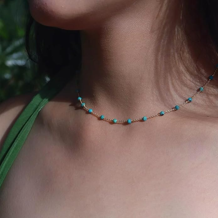 14K Gold Plated Dainty Choker Necklace,Handmade Crystal Beach Beads Necklace Chain Jewelry,Adjustable Gold Chain Delicate Fashion Choker Necklace Jewelry Gift for Women