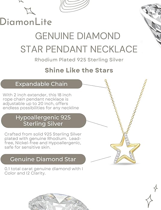 0.1 Ct Diamond Pendant Necklace for Women, 18K Gold Plated 925 Sterling Silver Butterfly, Lotus Flower, Heart or Star Diamond Necklace, April Birthstone Jewelry Gifts, 18"+2" Extender