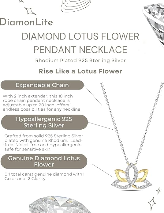 0.1 Ct Diamond Pendant Necklace for Women, 18K Gold Plated 925 Sterling Silver Butterfly, Lotus Flower, Heart or Star Diamond Necklace, April Birthstone Jewelry Gifts, 18"+2" Extender