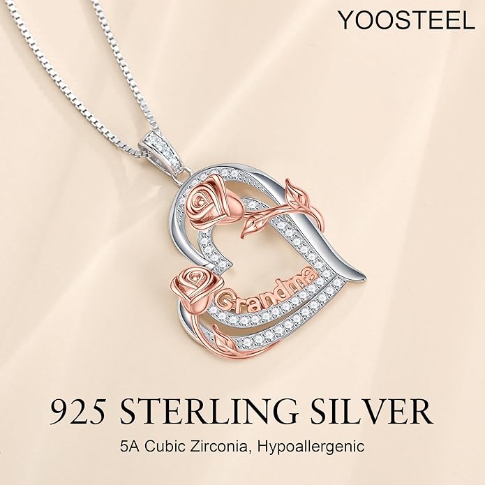 Yoosteel Mothers Day Gifts S925 Sterling Silver Necklace - Rose Flower Heart Necklace for Women Mothers Day Necklace Jewelry Birthday Christmas Mothers Day Gifts for Mom Wife Grandma Sister Daughter