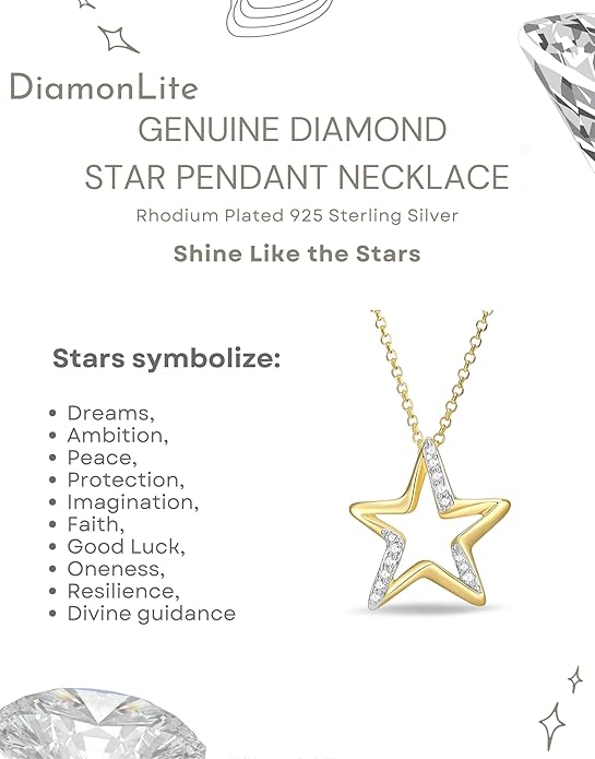 0.1 Ct Diamond Pendant Necklace for Women, 18K Gold Plated 925 Sterling Silver Butterfly, Lotus Flower, Heart or Star Diamond Necklace, April Birthstone Jewelry Gifts, 18"+2" Extender
