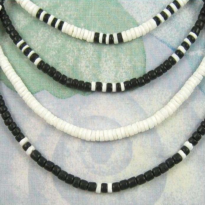 (4 Pack) Mens and Womens Summer Beach Surfer Necklaces From the Philippines, Black Coconut Beads with White Clam Heishe Ark Shells