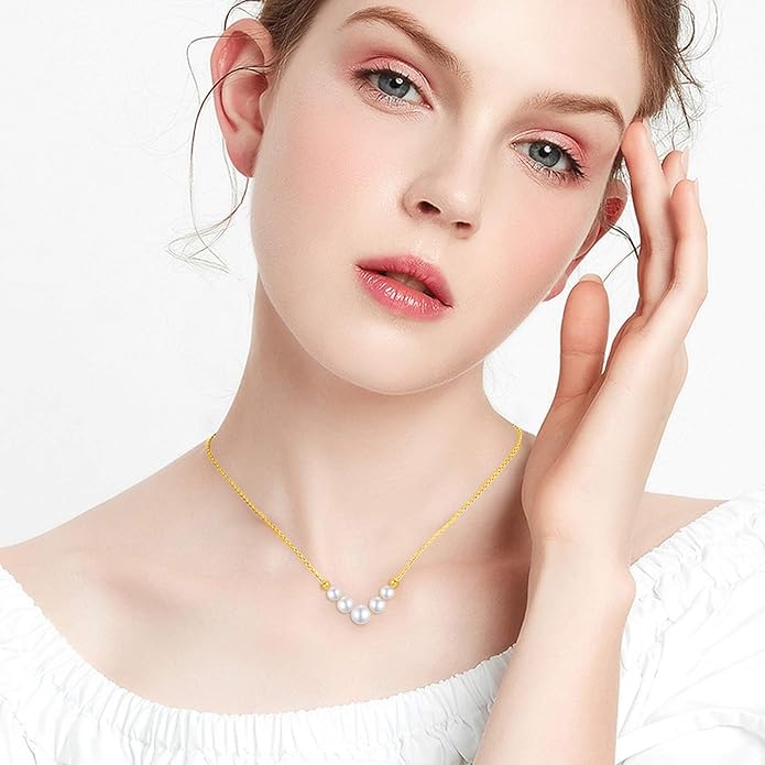 10K Solid Gold Chain Pearl Necklace for Women, Real Gold Freshwater Cultured Pearl Bead Ball Pendant Anniversary Jewelry Gifts for Her, Wife, Mom, Girlfriend,16"-18"