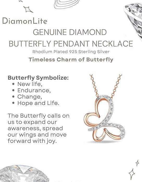 0.1 Ct Diamond Pendant Necklace for Women, 18K Gold Plated 925 Sterling Silver Butterfly, Lotus Flower, Heart or Star Diamond Necklace, April Birthstone Jewelry Gifts, 18"+2" Extender