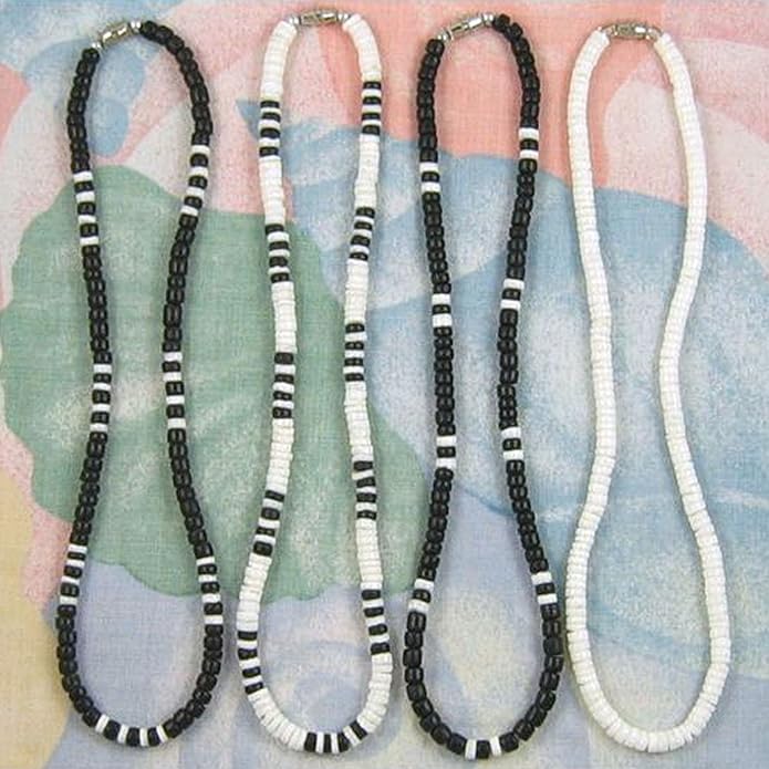 (4 Pack) Mens and Womens Summer Beach Surfer Necklaces From the Philippines, Black Coconut Beads with White Clam Heishe Ark Shells