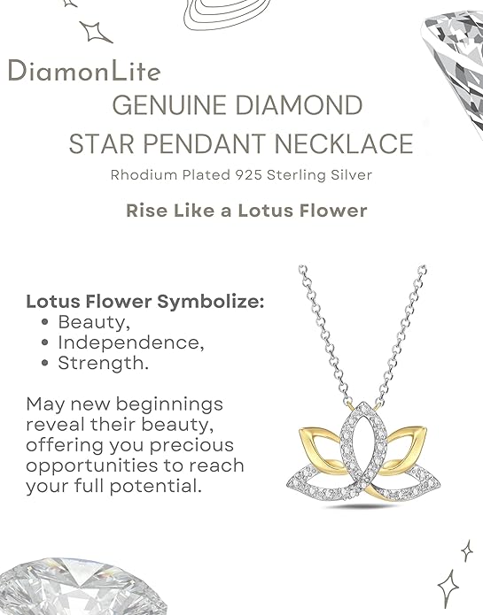 0.1 Ct Diamond Pendant Necklace for Women, 18K Gold Plated 925 Sterling Silver Butterfly, Lotus Flower, Heart or Star Diamond Necklace, April Birthstone Jewelry Gifts, 18"+2" Extender