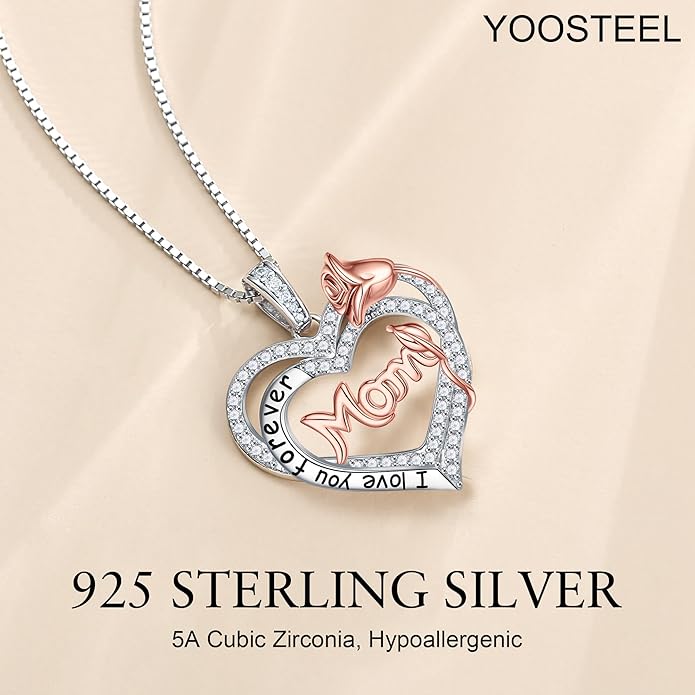 Yoosteel Mothers Day Gifts S925 Sterling Silver Necklace - Rose Flower Heart Necklace for Women Mothers Day Necklace Jewelry Birthday Christmas Mothers Day Gifts for Mom Wife Grandma Sister Daughter