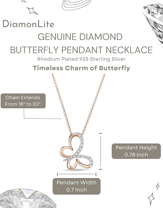 0.1 Ct Diamond Pendant Necklace for Women, 18K Gold Plated 925 Sterling Silver Butterfly, Lotus Flower, Heart or Star Diamond Necklace, April Birthstone Jewelry Gifts, 18"+2" Extender