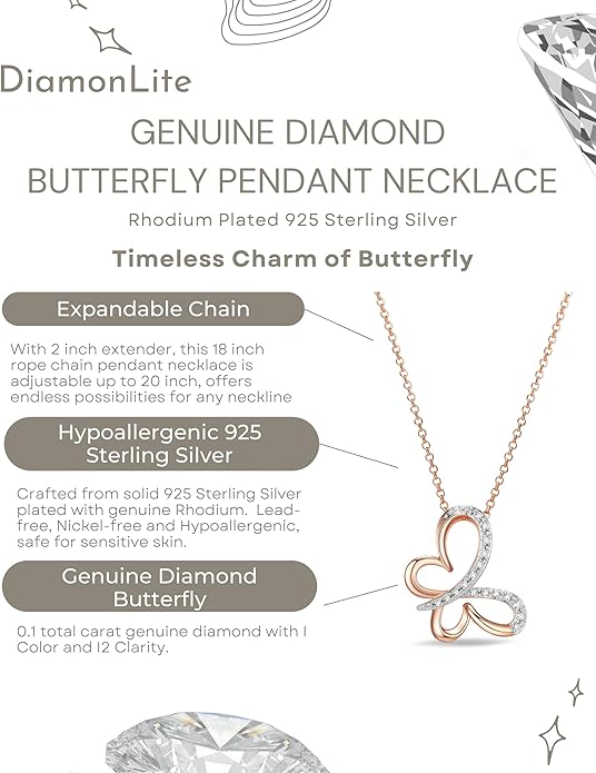 0.1 Ct Diamond Pendant Necklace for Women, 18K Gold Plated 925 Sterling Silver Butterfly, Lotus Flower, Heart or Star Diamond Necklace, April Birthstone Jewelry Gifts, 18"+2" Extender