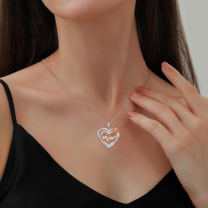 Yoosteel Mothers Day Gifts S925 Sterling Silver Necklace - Rose Flower Heart Necklace for Women Mothers Day Necklace Jewelry Birthday Christmas Mothers Day Gifts for Mom Wife Grandma Sister Daughter