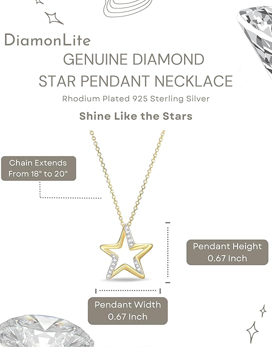0.1 Ct Diamond Pendant Necklace for Women, 18K Gold Plated 925 Sterling Silver Butterfly, Lotus Flower, Heart or Star Diamond Necklace, April Birthstone Jewelry Gifts, 18"+2" Extender