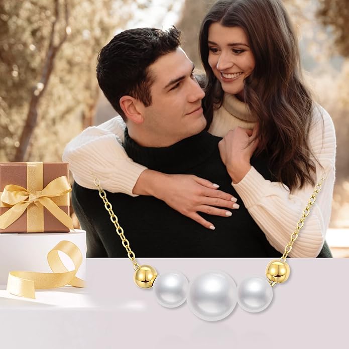 10K Solid Gold Chain Pearl Necklace for Women, Real Gold Freshwater Cultured Pearl Bead Ball Pendant Anniversary Jewelry Gifts for Her, Wife, Mom, Girlfriend,16"-18"