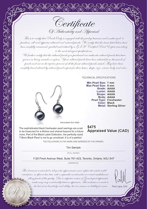 Yoko Black 7-8mm AAAA Quality Freshwater 925 Sterling Silver Cultured Pearl Earring Pair For Women