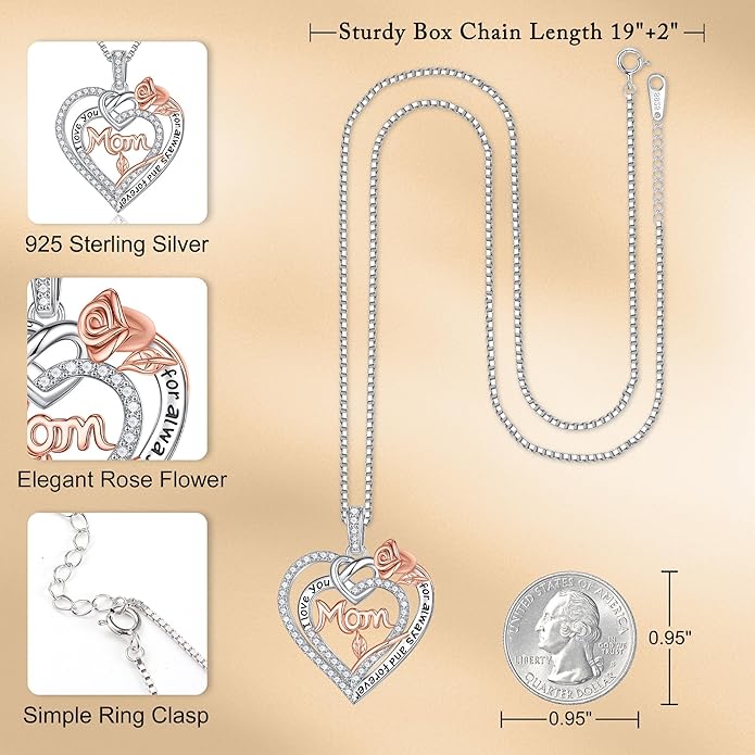Yoosteel Mothers Day Gifts S925 Sterling Silver Necklace - Rose Flower Heart Necklace for Women Mothers Day Necklace Jewelry Birthday Christmas Mothers Day Gifts for Mom Wife Grandma Sister Daughter