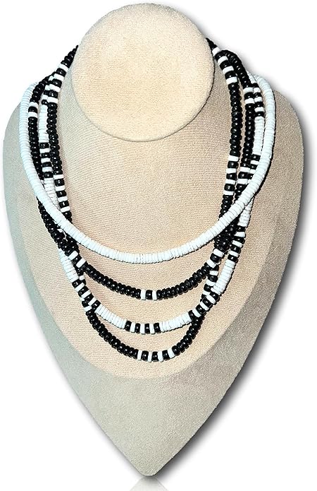 (4 Pack) Mens and Womens Summer Beach Surfer Necklaces From the Philippines, Black Coconut Beads with White Clam Heishe Ark Shells