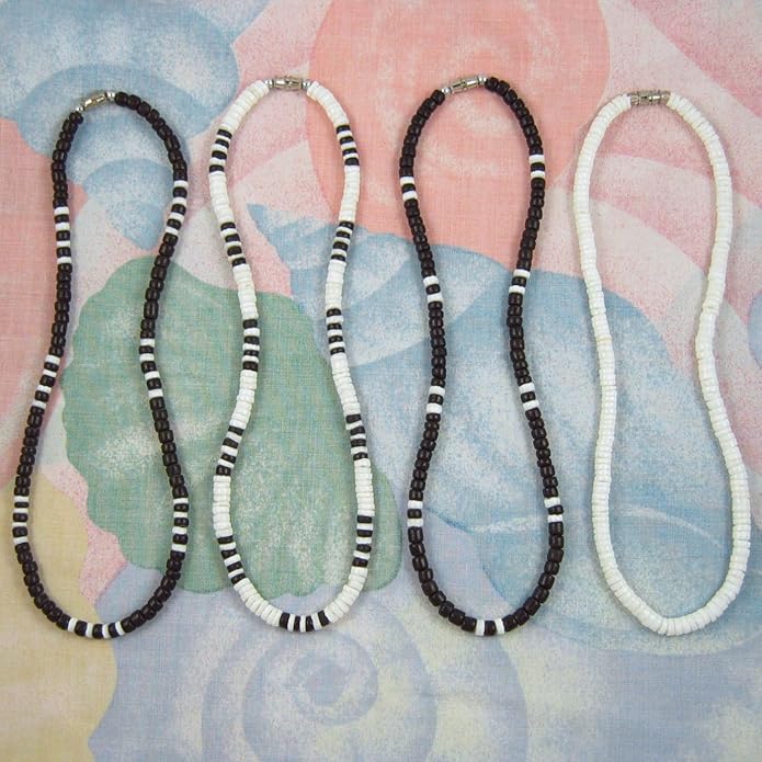 (4 Pack) Mens and Womens Summer Beach Surfer Necklaces From the Philippines, Black Coconut Beads with White Clam Heishe Ark Shells