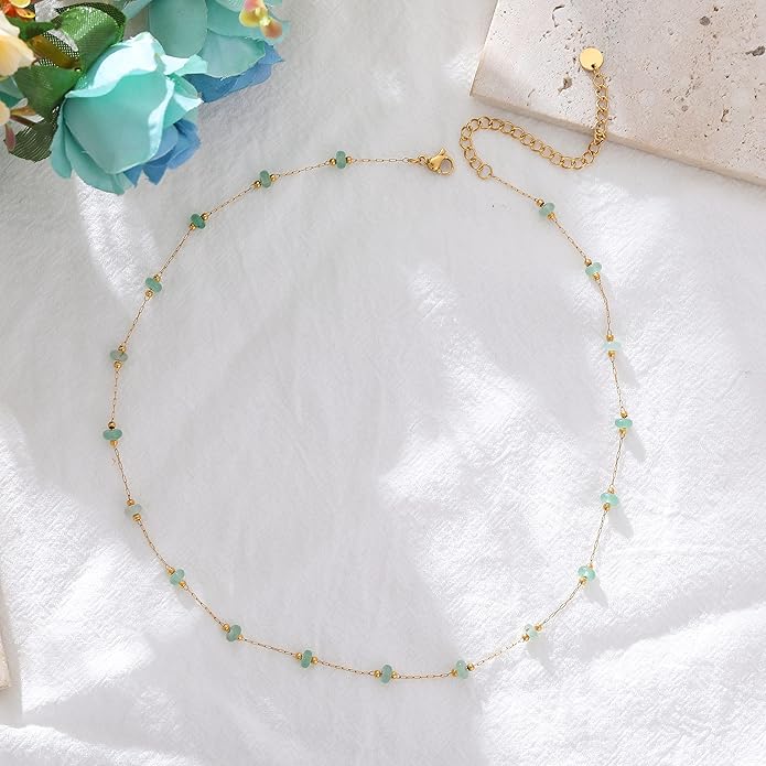 YADUDA Natural Stone Choker Necklace for Women 18K Gold Plated Beaded Necklace Turquoise Malachite Carnelian Aventurine Purple Crystal Stone Tiny Birthstone Choker