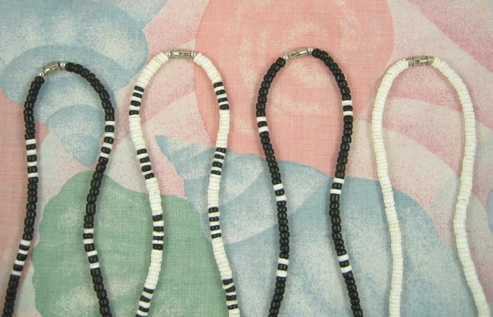 (4 Pack) Mens and Womens Summer Beach Surfer Necklaces From the Philippines, Black Coconut Beads with White Clam Heishe Ark Shells