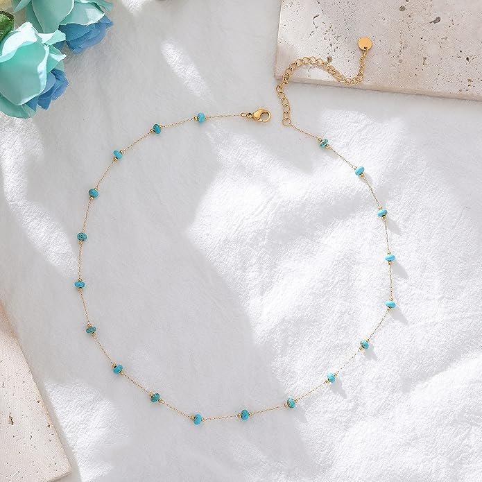 YADUDA Natural Stone Choker Necklace for Women 18K Gold Plated Beaded Necklace Turquoise Malachite Carnelian Aventurine Purple Crystal Stone Tiny Birthstone Choker