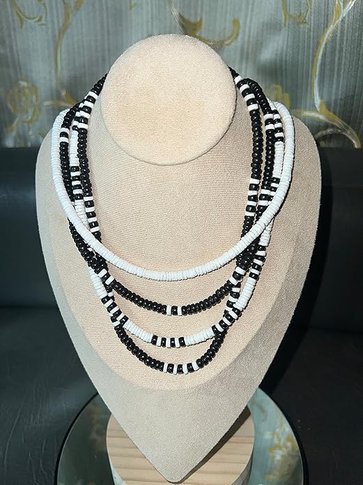 (4 Pack) Mens and Womens Summer Beach Surfer Necklaces From the Philippines, Black Coconut Beads with White Clam Heishe Ark Shells
