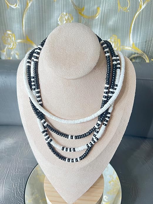 (4 Pack) Mens and Womens Summer Beach Surfer Necklaces From the Philippines, Black Coconut Beads with White Clam Heishe Ark Shells