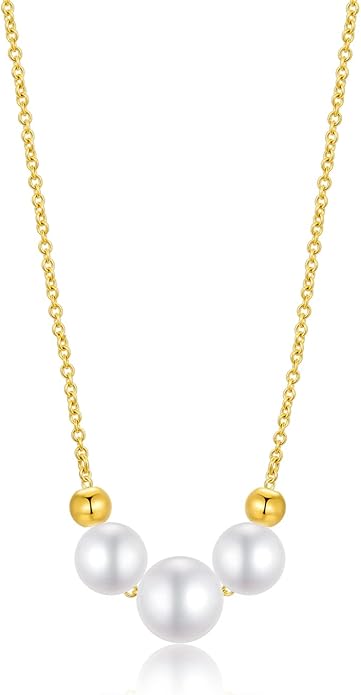 10K Solid Gold Chain Pearl Necklace for Women, Real Gold Freshwater Cultured Pearl Bead Ball Pendant Anniversary Jewelry Gifts for Her, Wife, Mom, Girlfriend,16"-18"