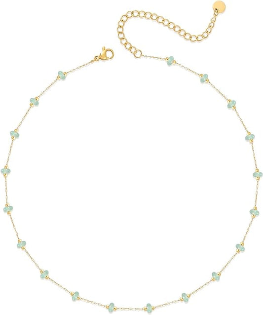 YADUDA Natural Stone Choker Necklace for Women 18K Gold Plated Beaded Necklace Turquoise Malachite Carnelian Aventurine Purple Crystal Stone Tiny Birthstone Choker