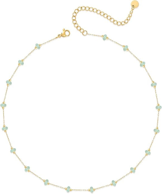 YADUDA Natural Stone Choker Necklace for Women 18K Gold Plated Beaded Necklace Turquoise Malachite Carnelian Aventurine Purple Crystal Stone Tiny Birthstone Choker