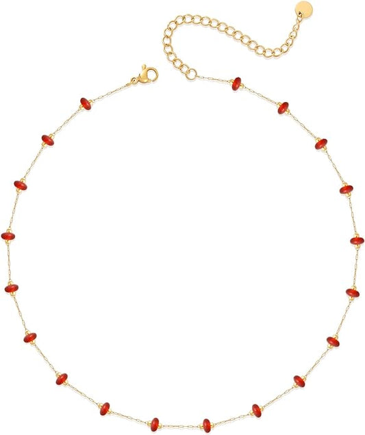 YADUDA Natural Stone Choker Necklace for Women 18K Gold Plated Beaded Necklace Turquoise Malachite Carnelian Aventurine Purple Crystal Stone Tiny Birthstone Choker
