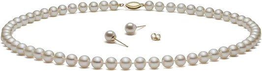 (Set) HinsonGayle AAA GEM White Round Freshwater Cultured Pearls & Stud Earrings 14k GOLD 18 inch