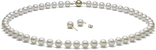 (Set) HinsonGayle AAA GEM White Round Freshwater Cultured Pearls & Stud Earrings 14k GOLD 18 inch