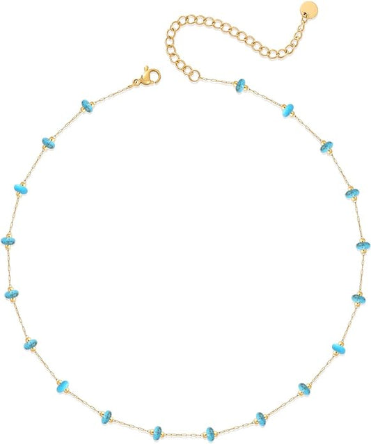 YADUDA Natural Stone Choker Necklace for Women 18K Gold Plated Beaded Necklace Turquoise Malachite Carnelian Aventurine Purple Crystal Stone Tiny Birthstone Choker