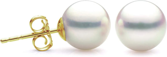 14K Gold 8.5-9mm White Freshwater Cultured Pearl Stud Earrings, AAAA Quality