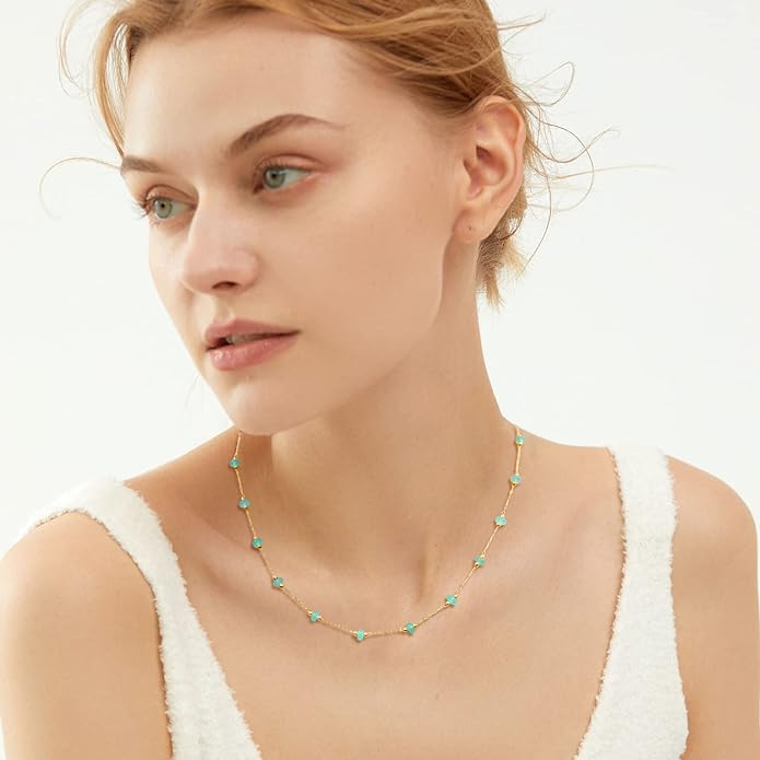YADUDA Natural Stone Choker Necklace for Women 18K Gold Plated Beaded Necklace Turquoise Malachite Carnelian Aventurine Purple Crystal Stone Tiny Birthstone Choker
