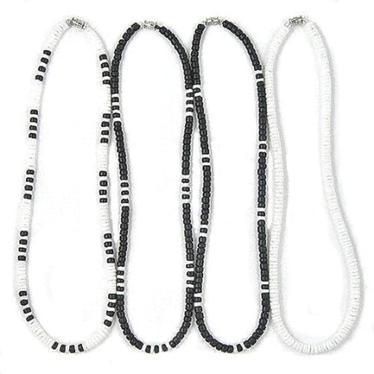 (4 Pack) Mens and Womens Summer Beach Surfer Necklaces From the Philippines, Black Coconut Beads with White Clam Heishe Ark Shells