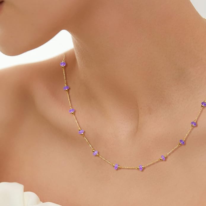 YADUDA Natural Stone Choker Necklace for Women 18K Gold Plated Beaded Necklace Turquoise Malachite Carnelian Aventurine Purple Crystal Stone Tiny Birthstone Choker