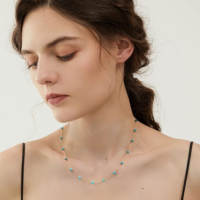 YADUDA Natural Stone Choker Necklace for Women 18K Gold Plated Beaded Necklace Turquoise Malachite Carnelian Aventurine Purple Crystal Stone Tiny Birthstone Choker