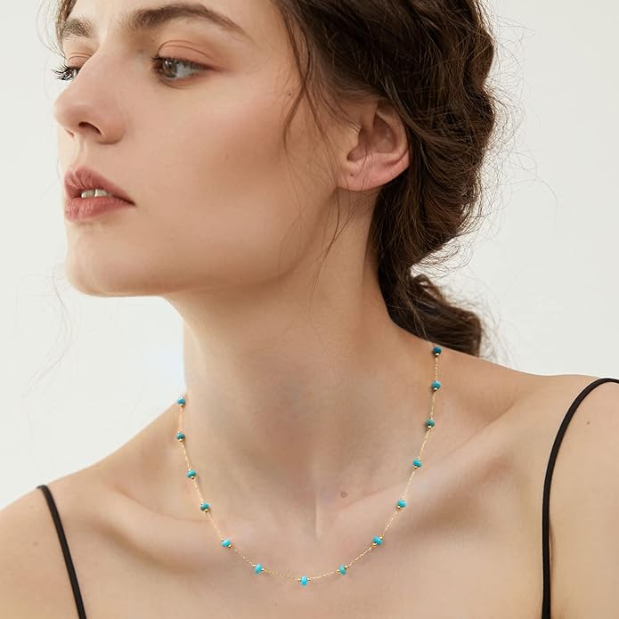 YADUDA Natural Stone Choker Necklace for Women 18K Gold Plated Beaded Necklace Turquoise Malachite Carnelian Aventurine Purple Crystal Stone Tiny Birthstone Choker